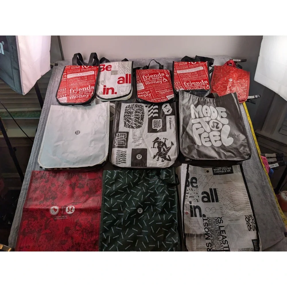 Lululemon Reusable Shopping Tote Bag Lot of 11 Mixed Sizes Red White Black Green